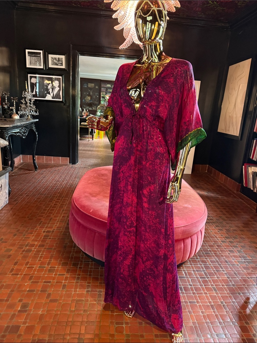 Vibrant Magenta Tie Dye Kaftan with Green Trim